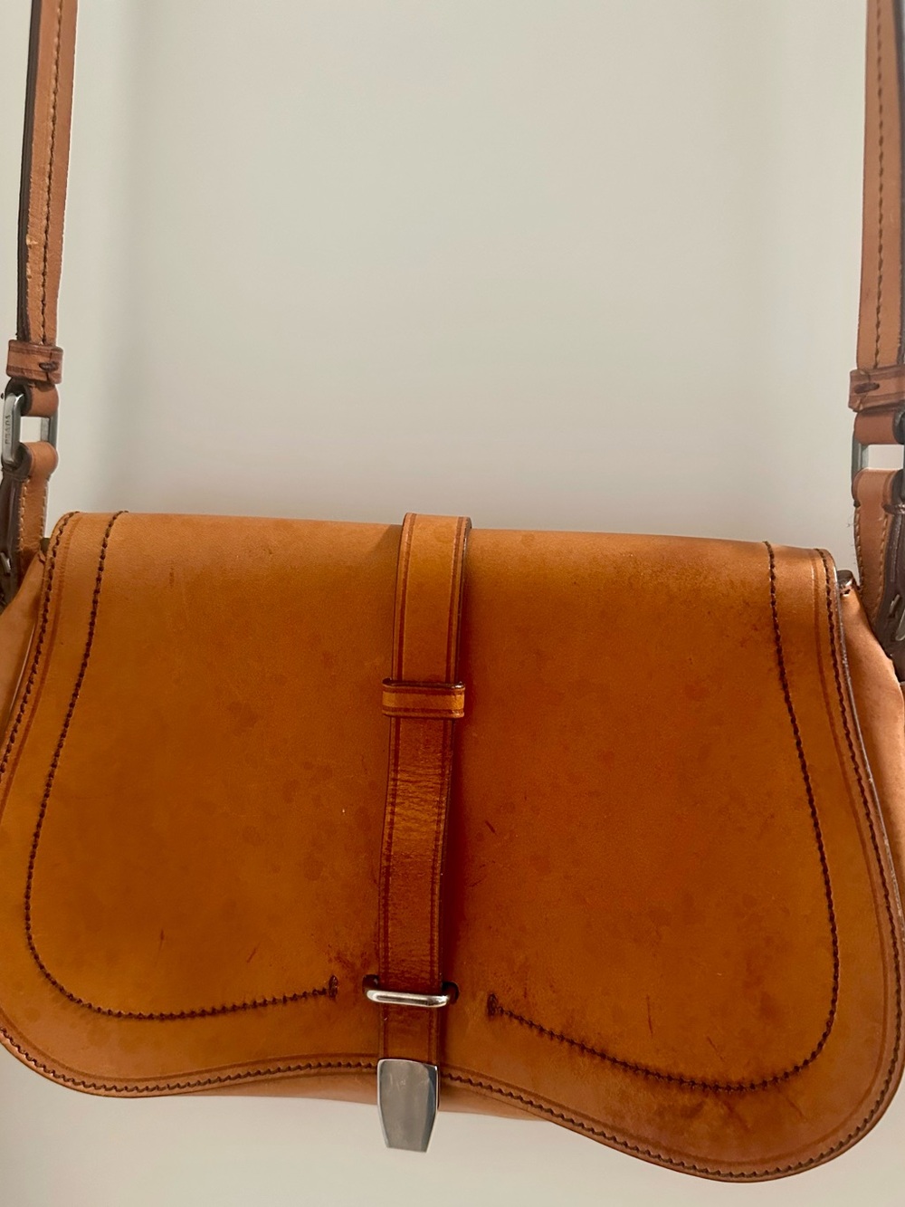 Prada Saddle Crossbody in Cognac Leather with Silver-Tone Hardware